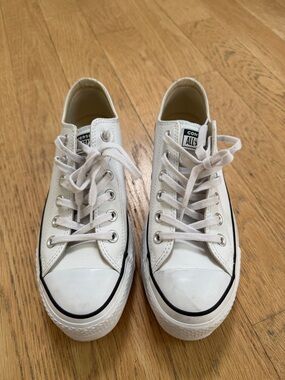Converse White Low Top Platform Sneakers with Black Trim with Platform